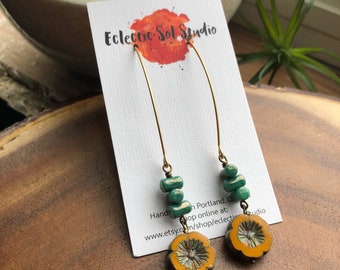 Long Yellow Czech Glass Flower Earrings
