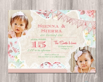 twins birthday invitation for twin girls vintage floral