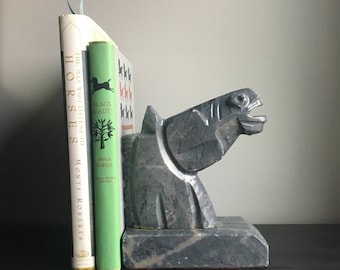 Vintage horse head bookend marble gray