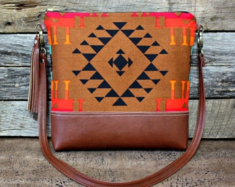 Southwestern Tribal Style Fabric Bag with Faux Leather Strap Tassel