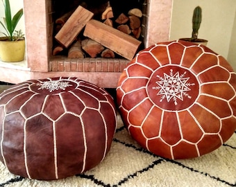 Set of 2 Premium Handmade Moroccan Leather Pouf Ottoman Genuine leather Moroccan Pouf pouffe PC33