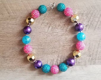 Unicorn Chunky Necklace, TurquoisePink Purple Chunky Necklace, Baby Necklace, Bubblegum Bead Necklace, Unicorn Birthday, Cake Smash Necklace
