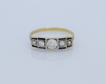 Art Deco .45ct. T.W. Diamond & Sapphire Antique Engagement Ring 18K Yellow Gold - J36363