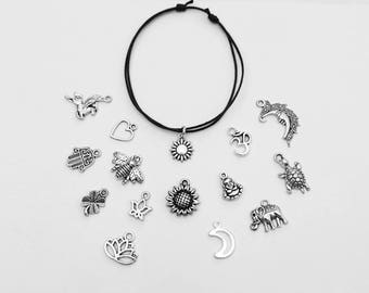 Black Cord Charm Anklet on Adjustable Sliding Cord