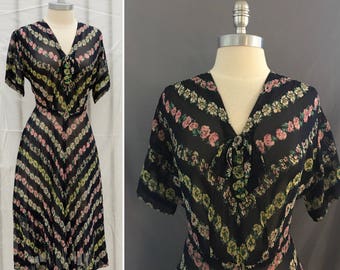 Vintage 1940's Navy Floral Sheer Day Dress with Bow