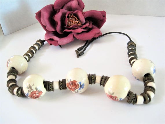Rose Bead Necklace - Hand Painted Ceramic Beads - 5 Large Beads - Boho Choker