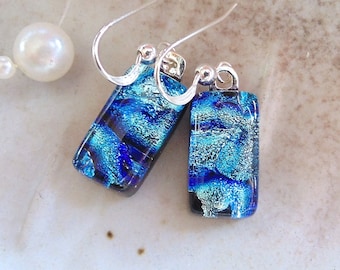 Blue Earrings, Dichroic Glass Earrings, Fused Glass Jewelry, Dangle, Sterling Silver, A10