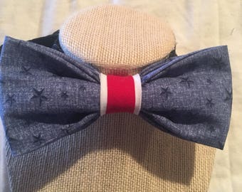 Men's Patriotic red white and blue stars bow tie, homage to American Flag,patriotic bow tie. Pre-tied adjustable 18' strap