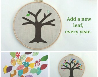 Cotton anniversary gift - add a new leaf each year of marriage. Applique tree in 8" wooden hoop frame