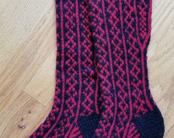 Vintage Hand Knitted Knitting Wool Fair Isle Nordic Norwegian Socks Hose Lederhosen Black Red Apres Ski Lounge Slippers Cabin Wear Roots