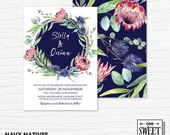 Protea Wedding Invitation Printable, Australian, Eucalyptus Leaves, Gum Leaves, Navy, Native Flowers, Nature, Spring Wedding, prink and navy