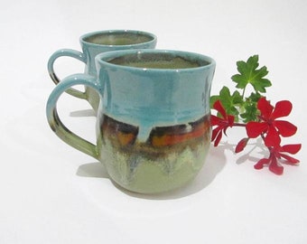 Coffee Mug, Tea Cup, Handmade Pottery Mug, Tea Mug, Handmade Ceramics in Turquoise Olive Green, Red Abstract Landscape Design