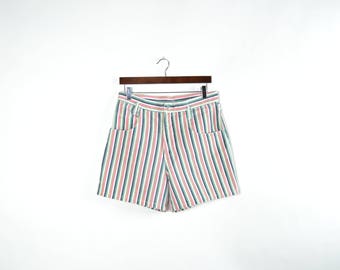 Vintage High Waisted Pastel Striped Denim Shorts
