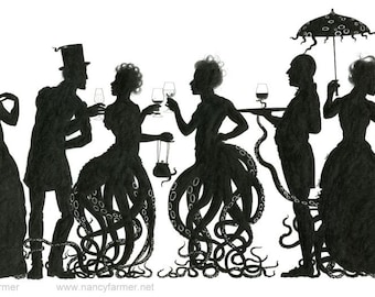 Original drawing, surreal steampunk octopus-people - "Octoparty" - sinister fantasy art by Nancy Farmer (unframed)
