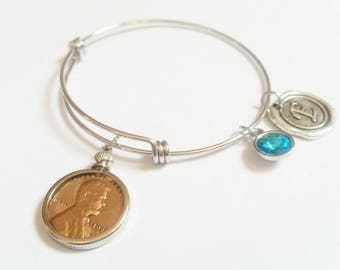 80th Birthday Gift 1938 Bracelet Birthstone Happy Birthday Gift US Penny Bracelet Expandable Bangle initial charm Coin Jewelry