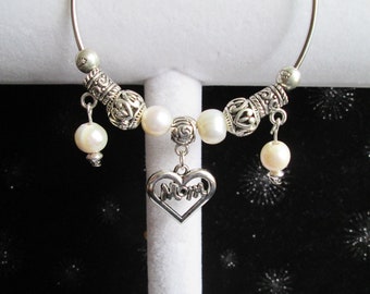 Ivory Freshwater Pearl and Silver Beaded "Mom" Bangle Bracelet #1