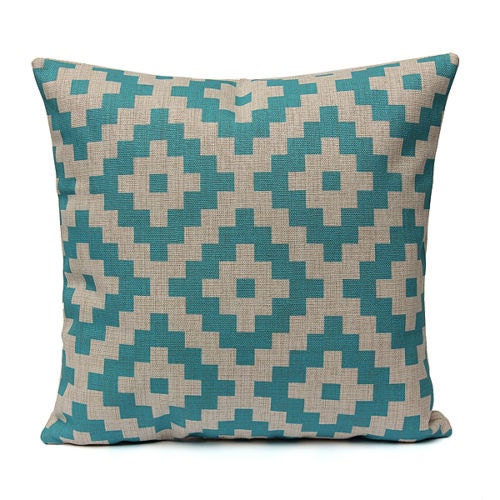 Vintage Geometric Rhombus Aqua Blue Throw Pillow Cover Sofa