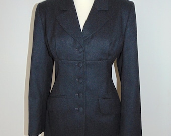 Laura Ashley Vintage, Charcoal 100% Pure Wool, Fitted Tailored Long Jacket, size 14 UK