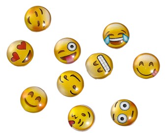 20 pcs Emoji Cabochons Glass 12 mm round domes Cameos Emoticon Smiley Faces Yellow Love Heart Blushing Happy Internet Culture Embellishments