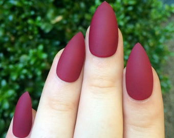 Matte nails, maroon nails, fake nails, stiletto nails