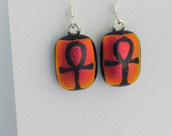 Ankh Dichroic Glass Etched Earrings, Fused Glass Jewelry, Red Orange