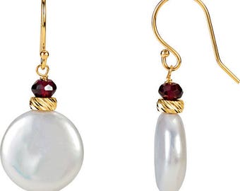 14K Yellow Freshwater Cultured Coin Pearl & Rhodolite Garnet Earrings