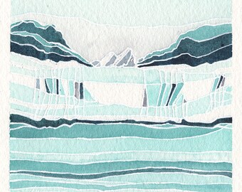 Mini Watercolor Painting Abstract Landscape Surreal Glacier Alaska - Turquoise