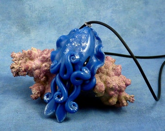 Night Sky Cuttlefish Necklace, Blue Polymer Clay Jewelry Pendant