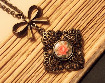 Bronze and Pink Victorian Rose Necklace