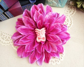 Pink Velvet Tiki Hair Flower - Pinup, Retro, Rockabilly Tropical Hair Clip Hawaiian Flower Tiki Hair Clip