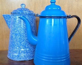 Set of Two Blue Vintage Enamelware Coffee Pots
