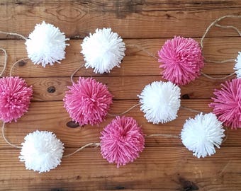 Pink and White Yarn Pom Pom Garland. Baby shower decor, handmade pom pom, princess party garland, pink pom pom, white pom pom, wedding decor