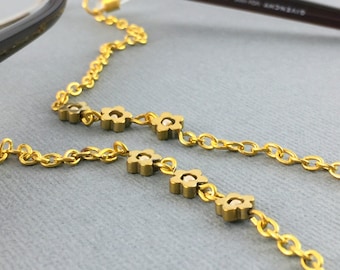 Gold Flowers Eyeglasses Chain, Gold Flower Hematite Gemstone Chain Lanyard, Gold Eyeglass Chain, Gold Glasses Lanyard, Reading Glasses Chain