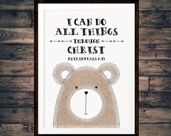 I can do all things through Christ – Philippians 4:13 - Woodland Nursery Decor, Bible Verse Wall Art, Childrens Wall Art - INSTANT DOWNLOAD