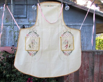 1920s 30s Handmade Embroidered Full Bib Apron