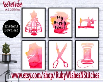 Set of 6 Sewing Room or Craft Room Watercolour Silhouette Printables
