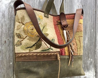 Carpet Bag 1883 Hooked Rug and Distressed Brown and Evergreen Leather Rustic Yellow Rose Victorian Large Tote Bag by Stacy Leigh