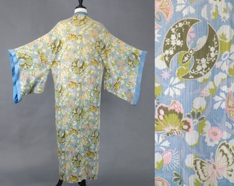 1930s 40s Kimono Robe, Vintage Floral Kimono with Butterflies, Japanese Kimono, Cotton Crepe Robe