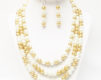 Three Strand White & Gold Glass Pearl Necklace/Bracelet/Earrings