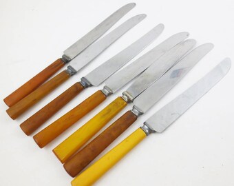 Vintage Bakelite Knives Set of 7 Butterscotch Butter Knives Mismatched Lot