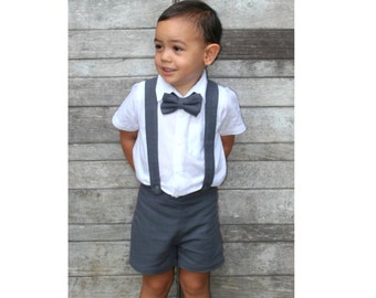 Boy Suspender Shorts - Dark Grey (ONLY),Linen Shorts,Page Boy,Christening Outfit,Ringbearer,Baptism boy,Shorts with Braces,Wedding attendant