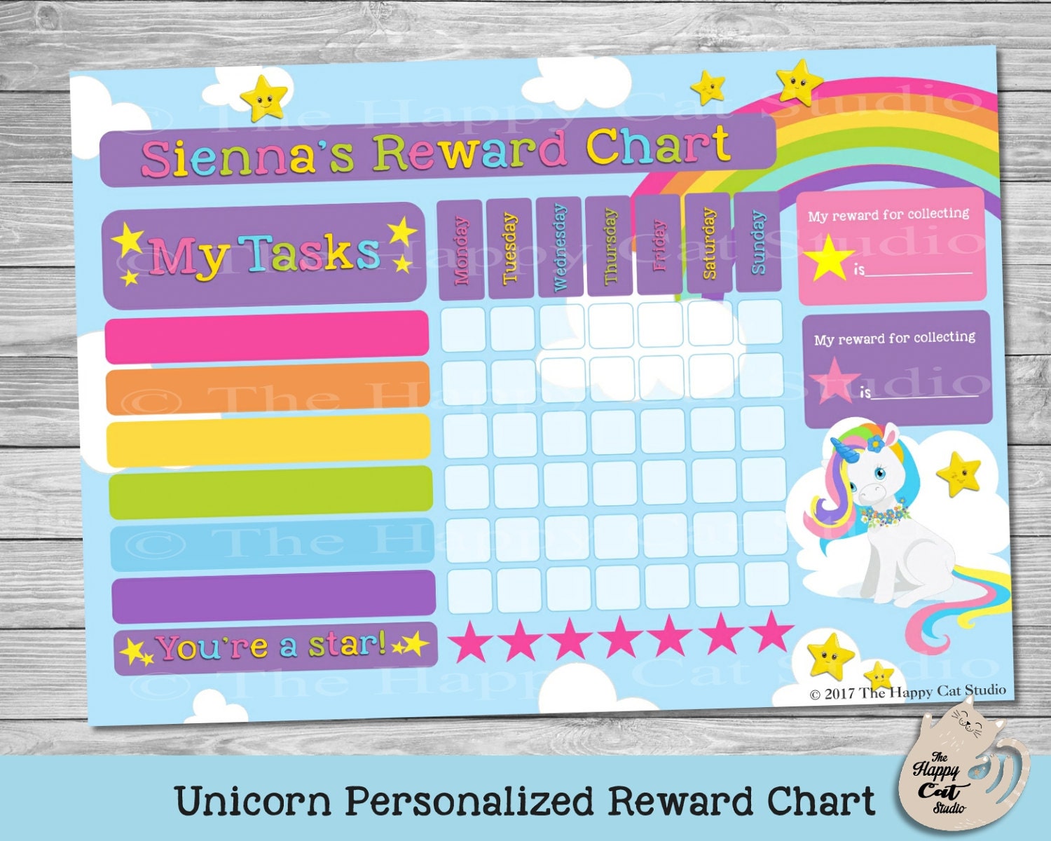 unicorn personalized reward chart printable digital download