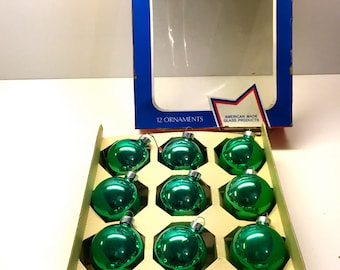 Vintage Christmas Ornaments, Box Set Of Green Glass - Made in the USA