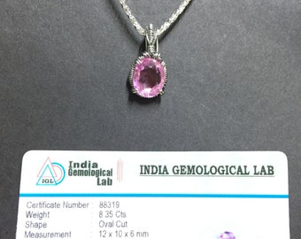 IGL Certified Natural Kunzite Necklace. Kunzite Pendant Necklace. Wire Wrapped Afghanistan Kunzite.