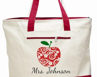 Teacher bags, teacher totes, apple bag, personalized teacher bag, teacher appreciation gift, book bag, student teacher gift, canvas zippered