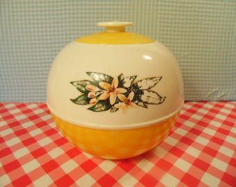 Vintage Cookie Jar - Yellow Plastic - Flower Decal - Burroughs Mfg