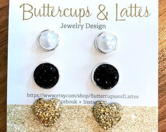 Pearl Black Druzy and Gold Heart Druzy Stud Earrings Set, Tuxedo Valentine Set