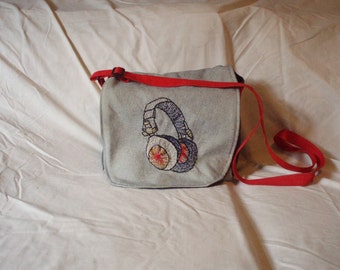 Repurposed Denim Messenger Bag with headphones embroidery