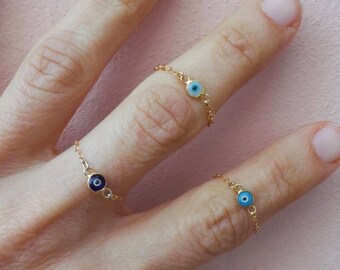 Evil eye ring. Evil eye chain ring. Gold fill evil eye ring. Dainty evil eye ring. Sterling silver evil eye ring. Midi ring. Stacking ring.