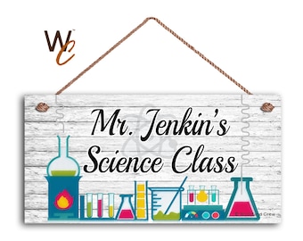 Teacher Sign, Science Class Personalized Sign, Teacher's Name, Classroom Hanging Door Sign, Gift For Teacher, 5" x 10" Sign by Woodland Crew